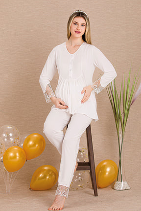 Lace Sleeve and Lace Detailed 4-Piece Maternity-Nursing Set Ecru - 503204