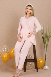 Lace Sleeve Maternity & Nursing Pajama Set Pink - 33204