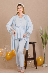 Lace Sleeve 3-Piece Maternity-Nursing Pajama & Robe Set Blue - 33005