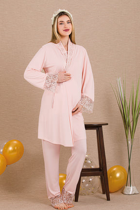 Lace Sleeve 3-Piece Maternity-Nursing Pajama & Robe Set Pink - 33005