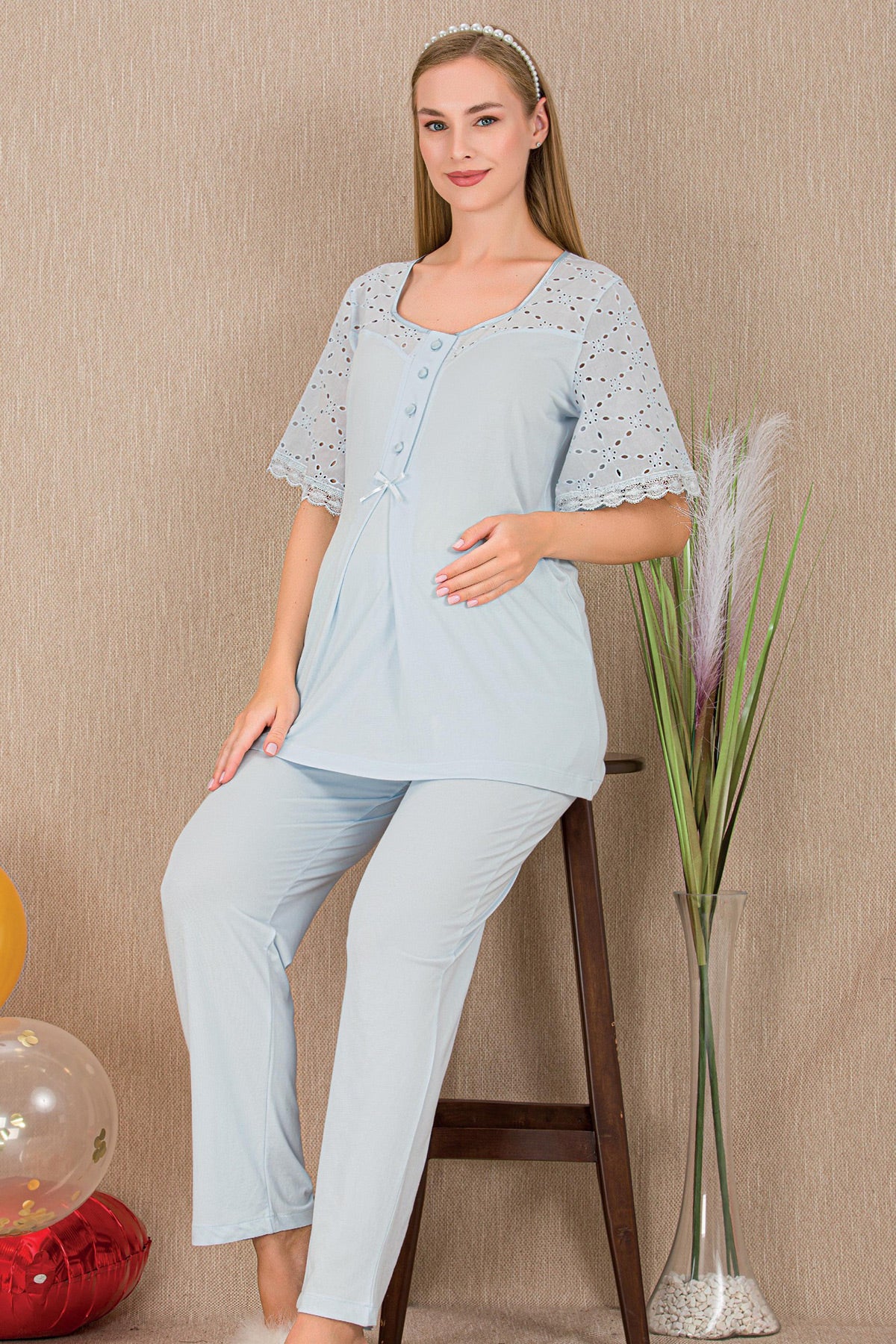 Festoon Maternity & Nursing Pajama Set Blue - 33207
