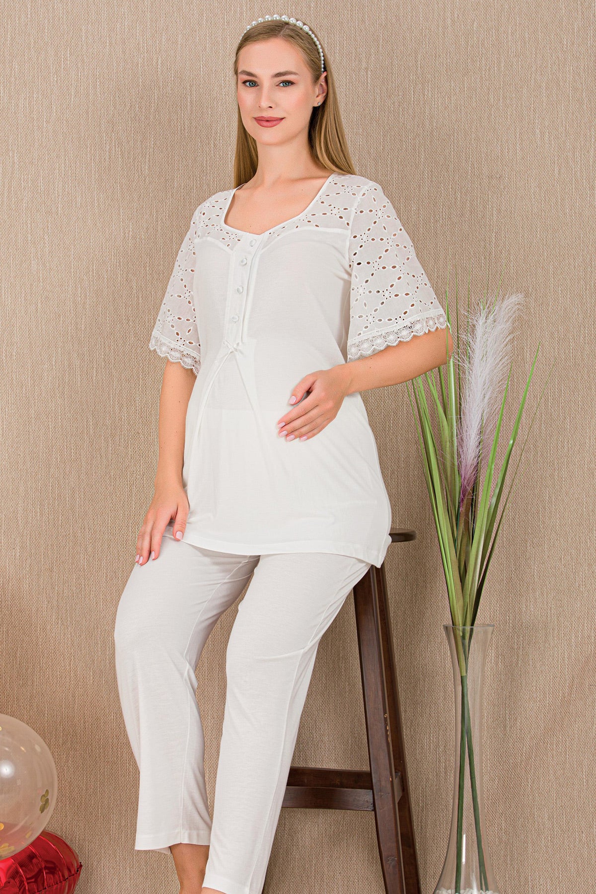 Festoon Maternity & Nursing Pajama Set Ecru - 33207