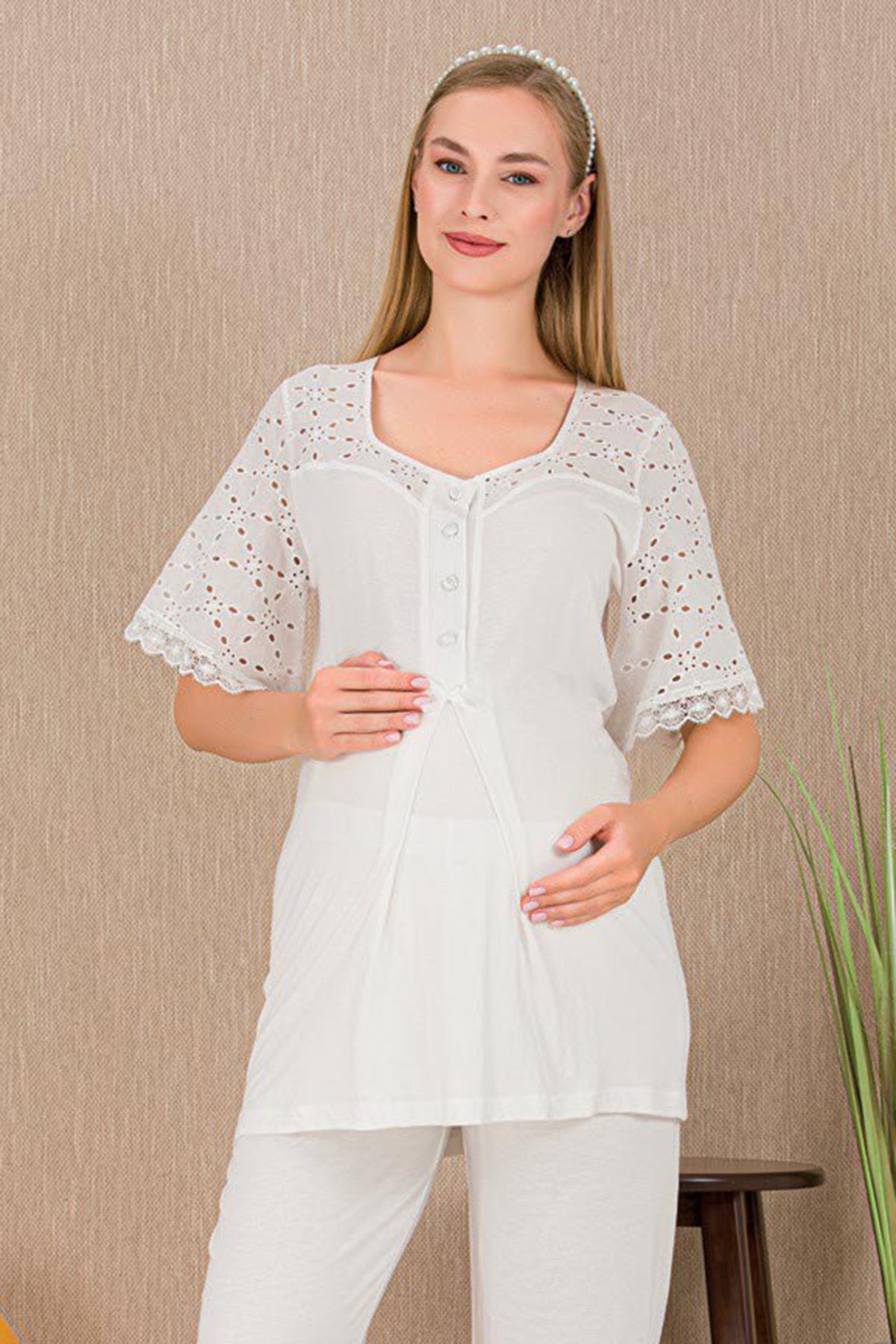 Festoon 3-Piece Maternity-Nursing Pajama & Robe Set Ecru - 33006