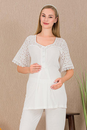 Festoon 3-Piece Maternity-Nursing Pajama & Robe Set Ecru - 33006