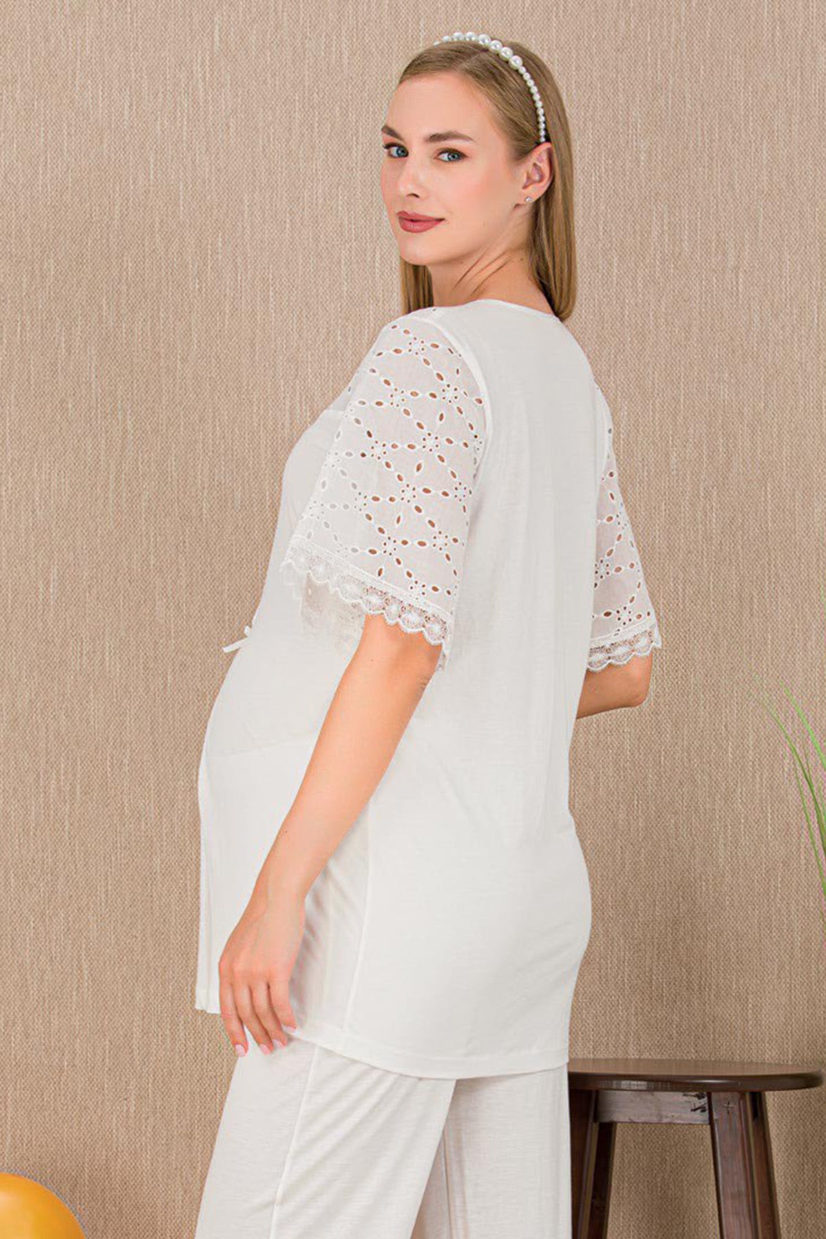 Festoon 3-Piece Maternity-Nursing Pajama & Robe Set Ecru - 33006