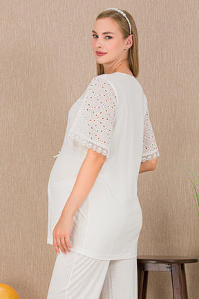 Festoon 3-Piece Maternity-Nursing Pajama & Robe Set Ecru - 33006