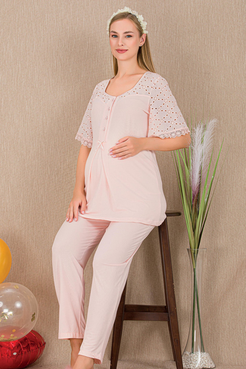 Festoon 3-Piece Maternity-Nursing Pajama & Robe Set Pink - 33006