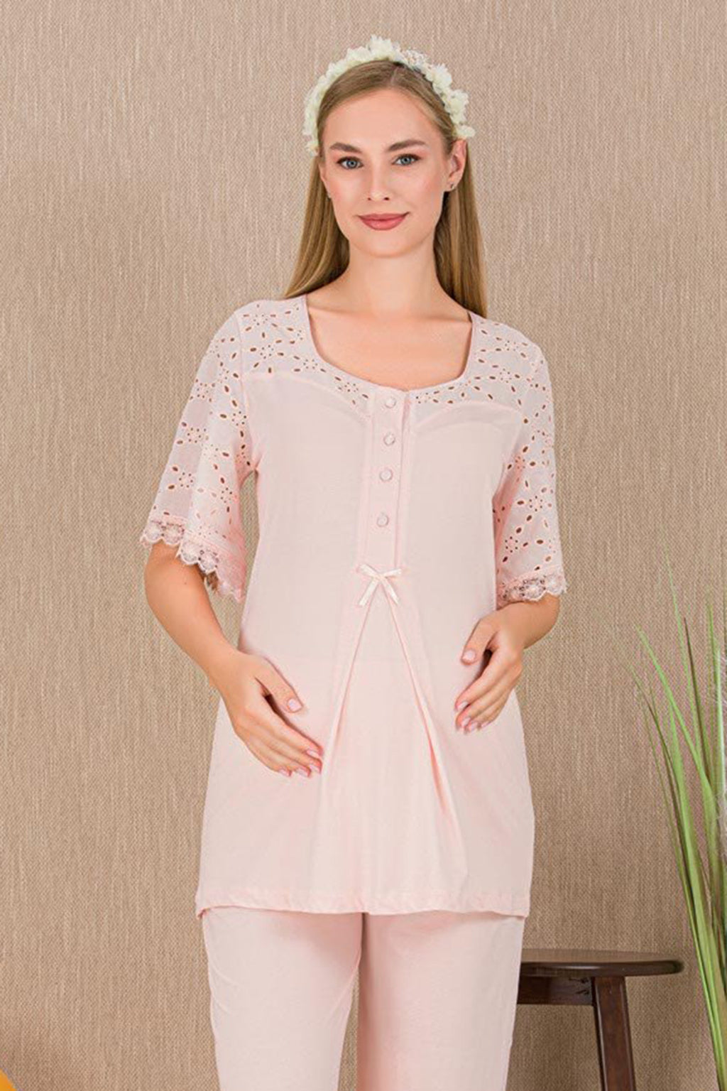 Festoon 3-Piece Maternity-Nursing Pajama & Robe Set Pink - 33006