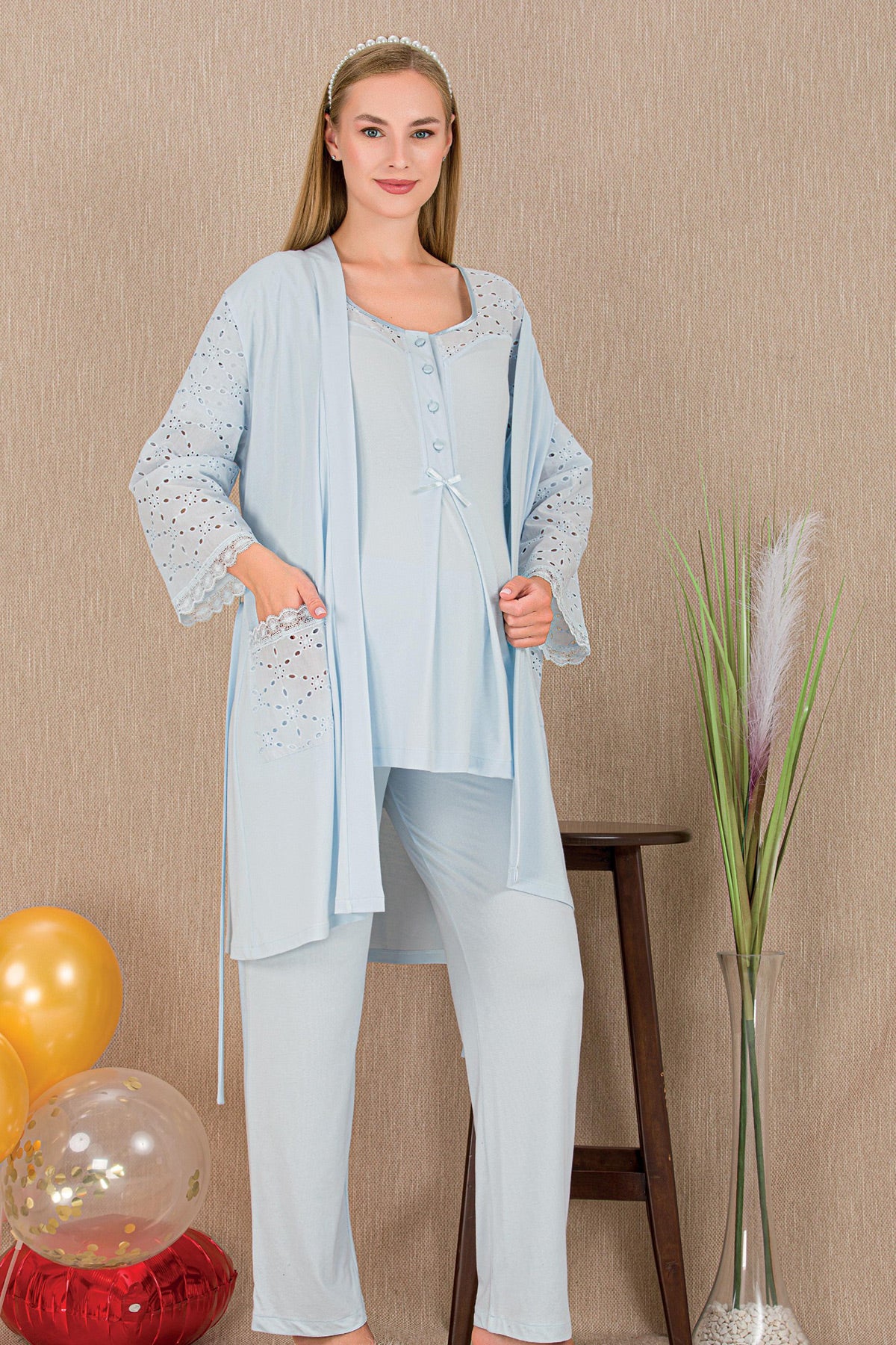 Festoon 3-Piece Maternity-Nursing Pajama & Robe Set Blue - 33006