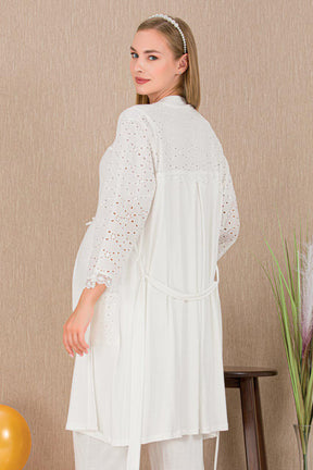 Festoon 3-Piece Maternity-Nursing Pajama & Robe Set Ecru - 33006