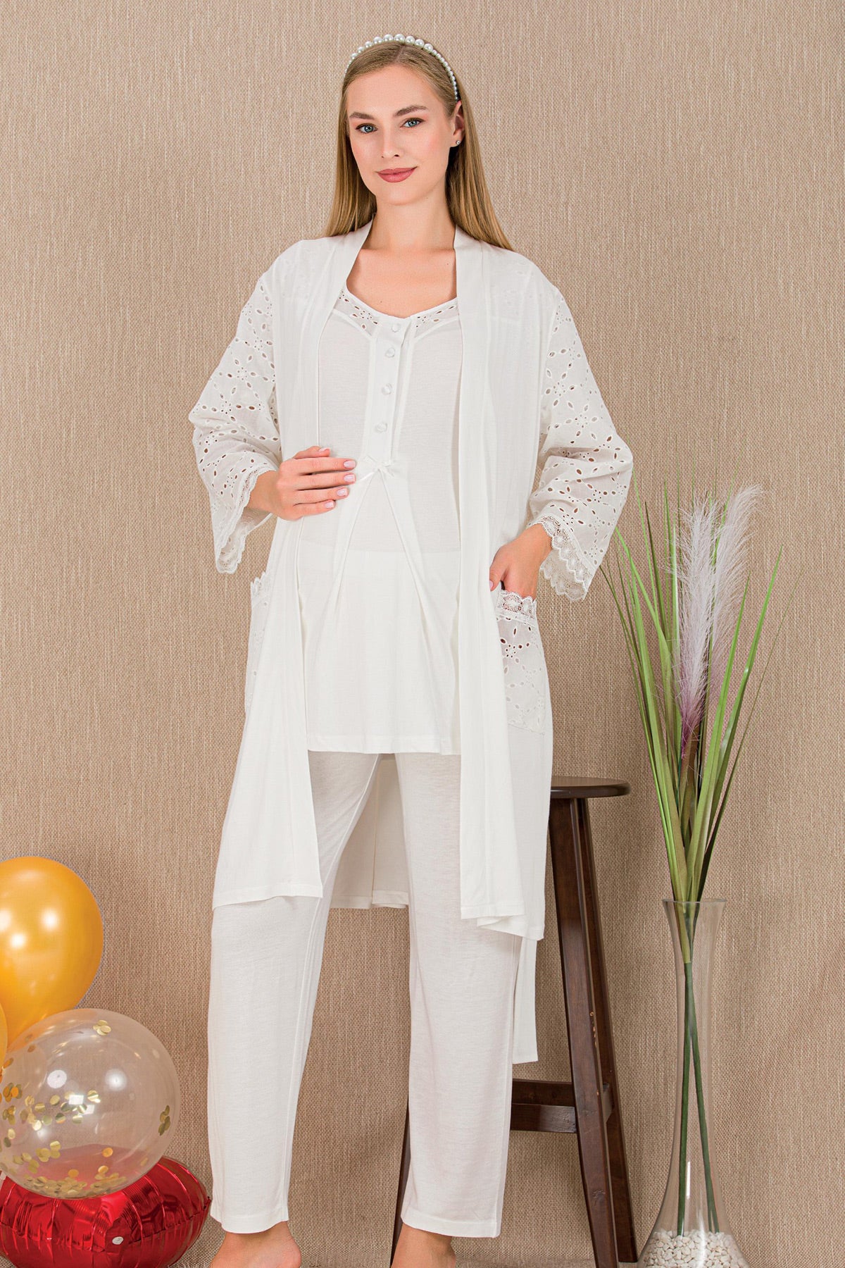 Festoon 3-Piece Maternity-Nursing Pajama & Robe Set Ecru - 33006