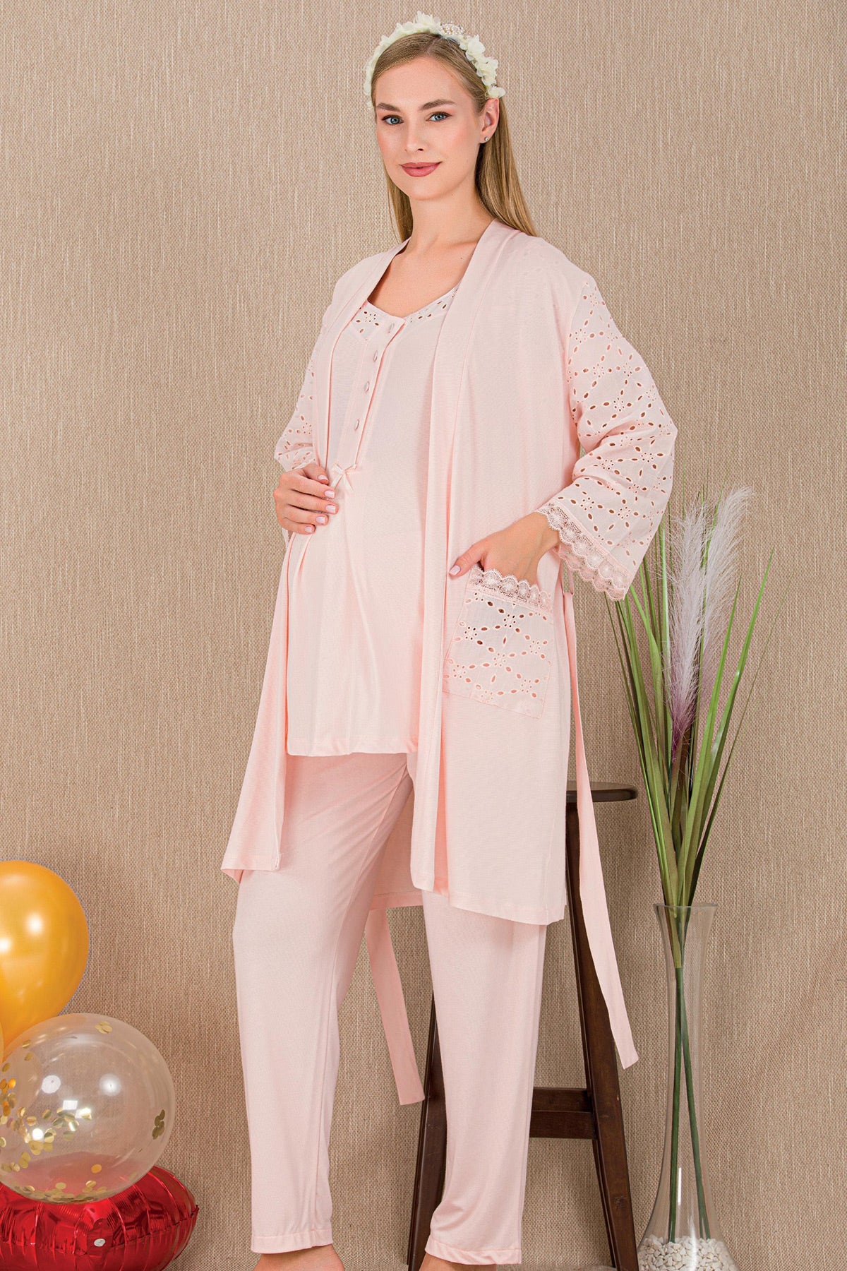Festoon 3-Piece Maternity-Nursing Pajama & Robe Set Pink - 33006