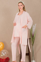 Festoon 3-Piece Maternity-Nursing Pajama & Robe Set Pink - 33006