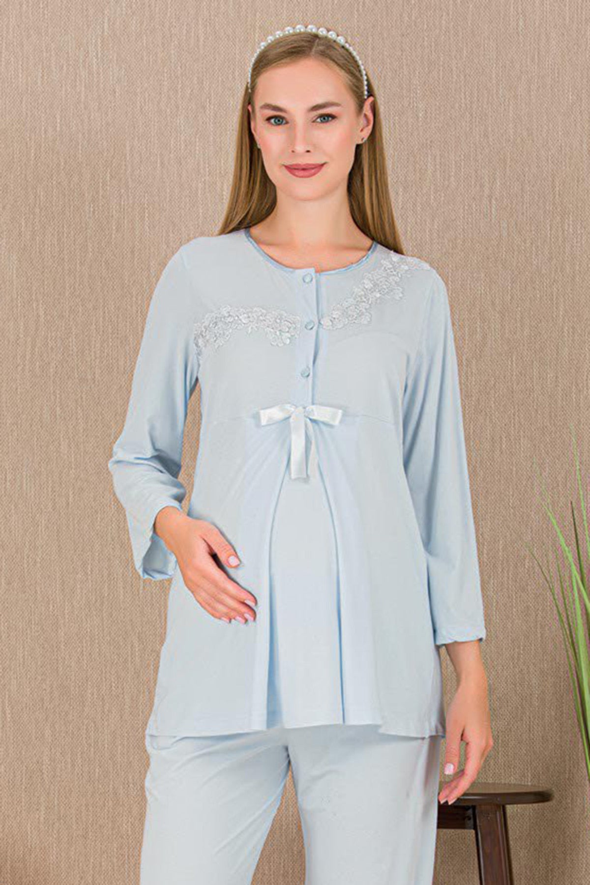 Lace Detailed Maternity & Nursing Pajama Set Blue - 33209