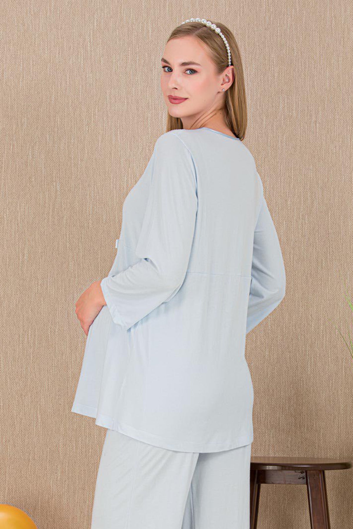 Lace Detailed Maternity & Nursing Pajama Set Blue - 33209