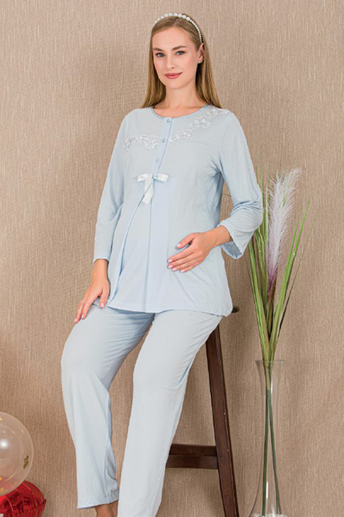 Lace Detailed Maternity & Nursing Pajama Set Blue - 33209