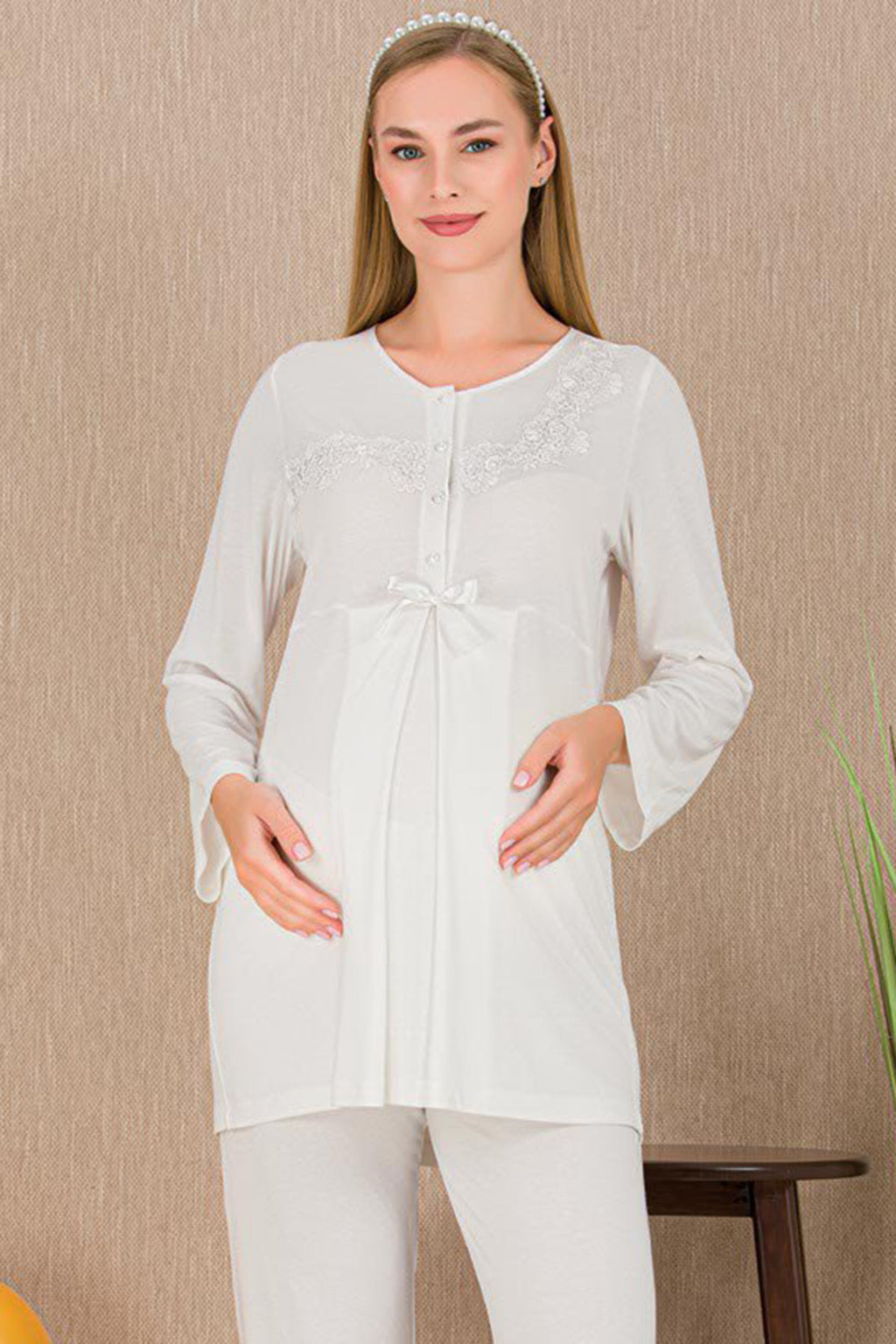 Lace Detailed Maternity & Nursing Pajama Set Ecru - 33209