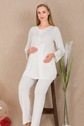 Lace Detailed Maternity & Nursing Pajama Set Ecru - 33209
