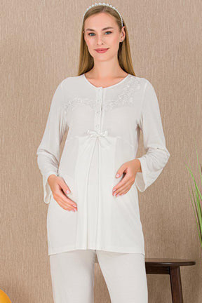 Lace Detailed Maternity & Nursing Pajama Set Ecru - 33209