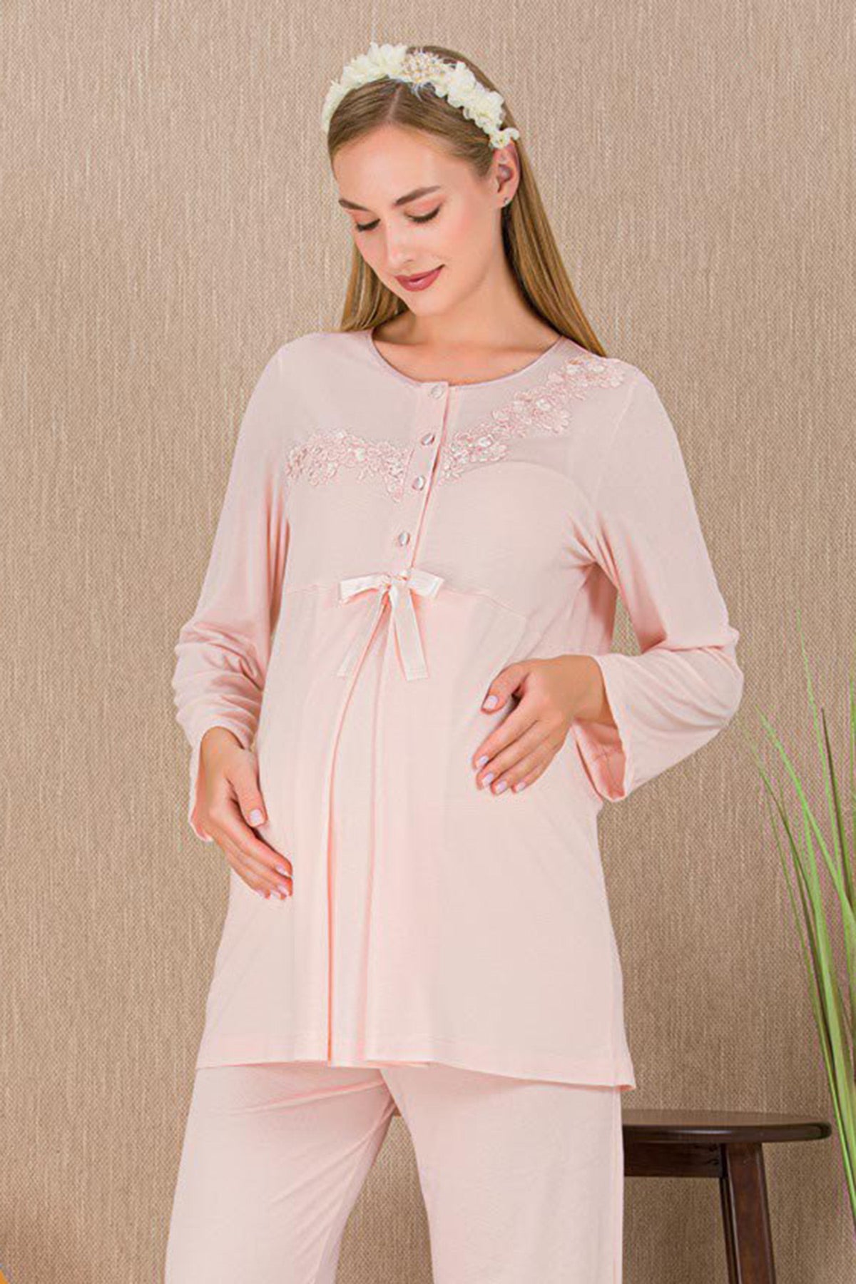 Lace Detailed Maternity & Nursing Pajama Set Pink - 33209