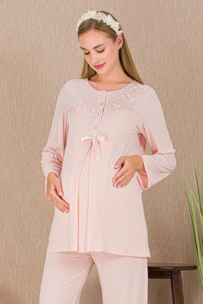 Lace Detailed 3-Piece Maternity-Nursing Pajama & Robe Set Pink - 33007