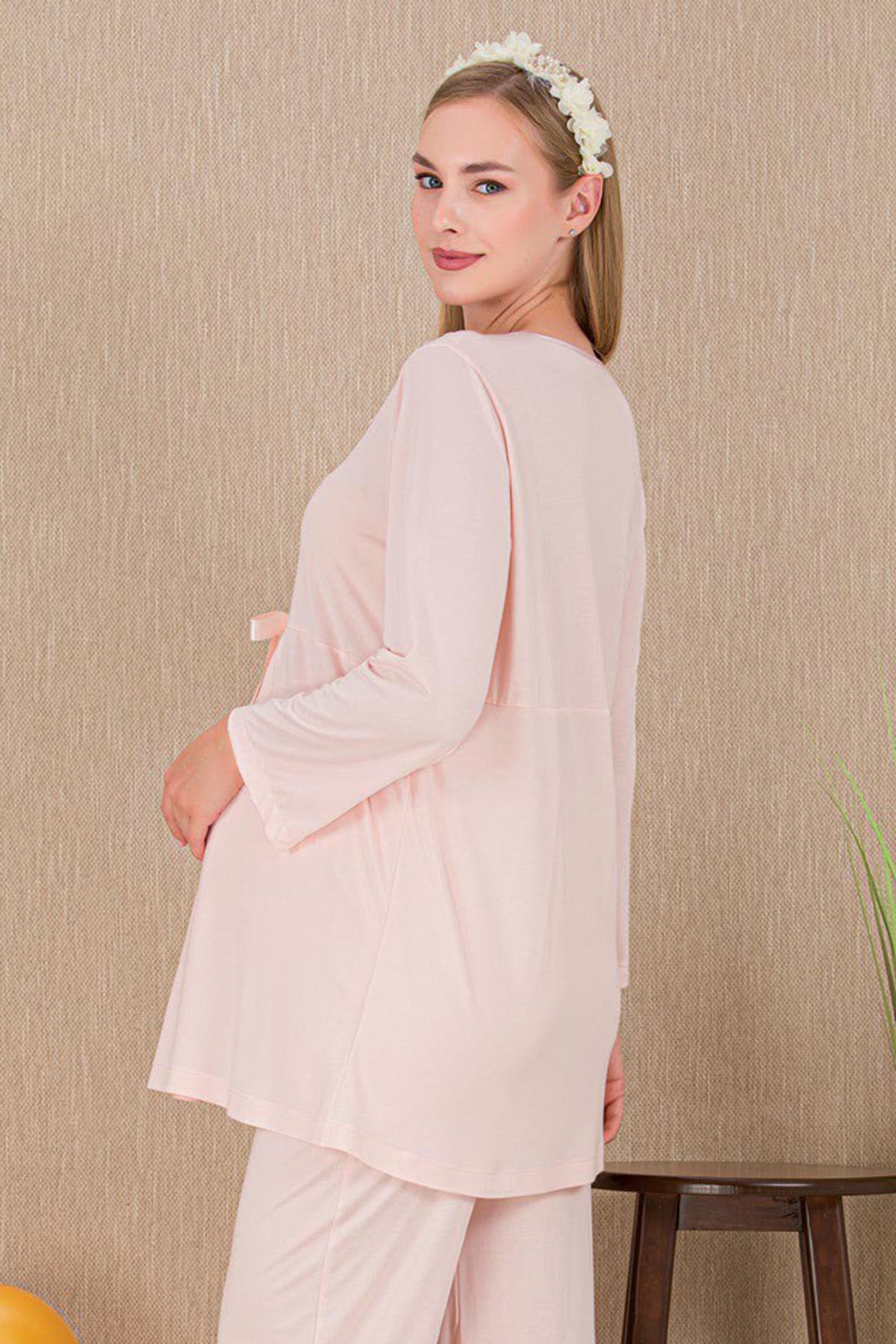 Lace Detailed 3-Piece Maternity-Nursing Pajama & Robe Set Pink - 33007