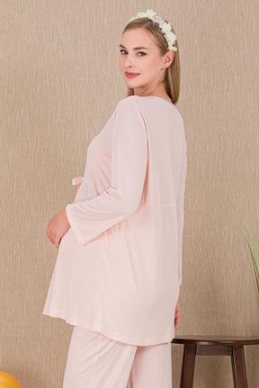 Lace Detailed 3-Piece Maternity-Nursing Pajama & Robe Set Pink - 33007
