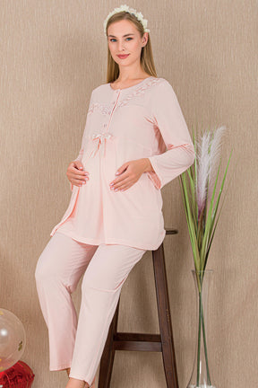 Lace Detailed 3-Piece Maternity-Nursing Pajama & Robe Set Pink - 33007