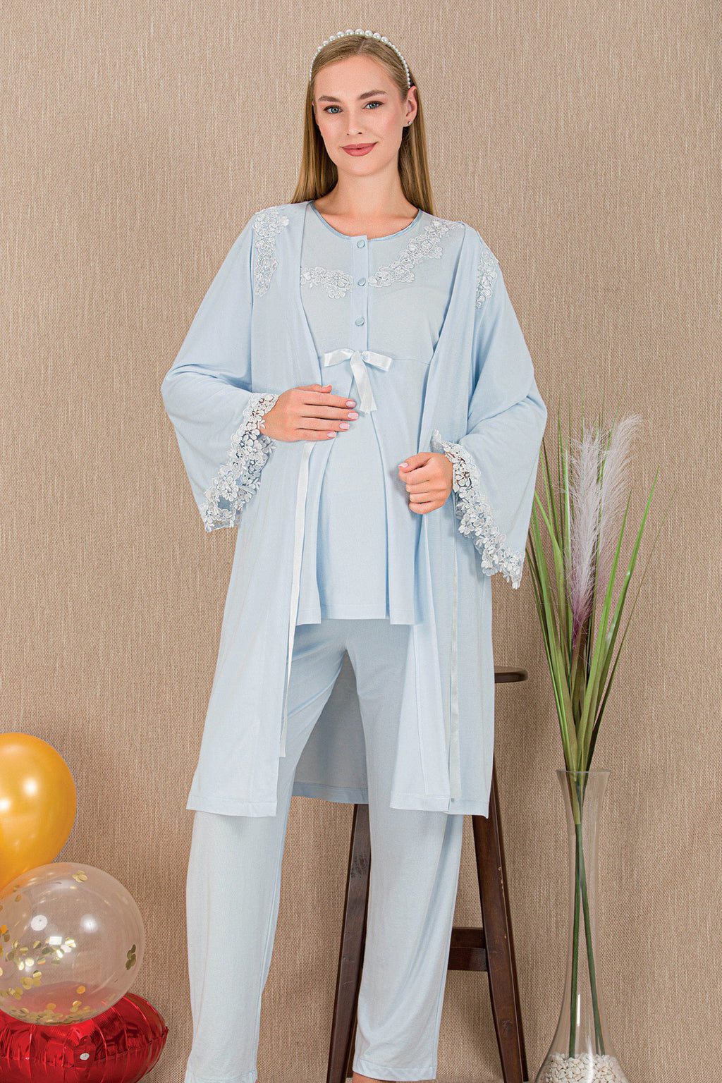 Lace Detailed 3-Piece Maternity-Nursing Pajama & Robe Set Blue - 33007