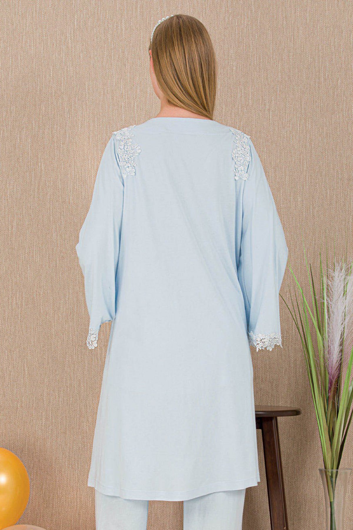 Lace Detailed 3-Piece Maternity-Nursing Pajama & Robe Set Blue - 33007