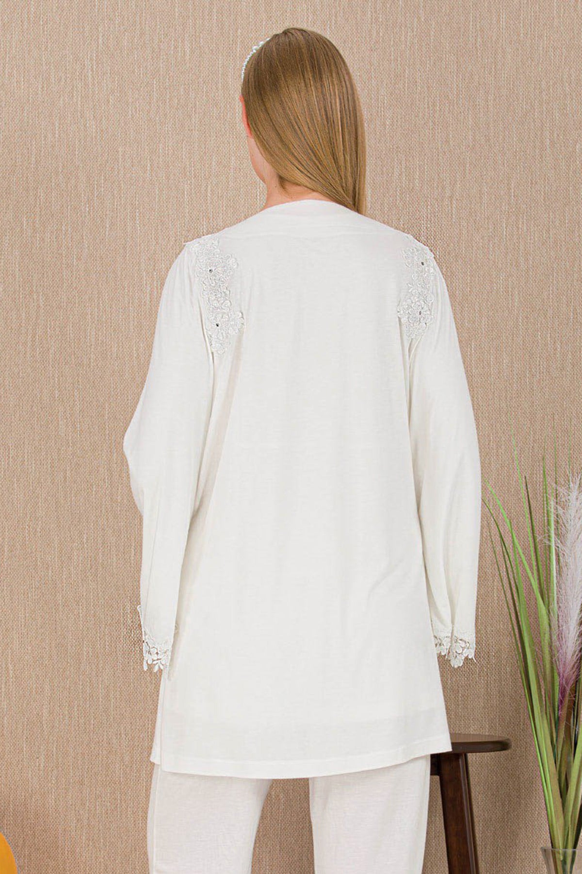 Lace Detailed 3-Piece Maternity-Nursing Pajama & Robe Set Ecru - 33007