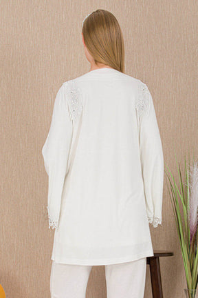 Lace Detailed 3-Piece Maternity-Nursing Pajama & Robe Set Ecru - 33007