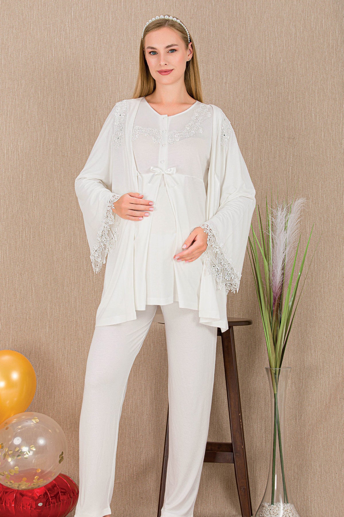Lace Detailed 3-Piece Maternity-Nursing Pajama & Robe Set Ecru - 33007