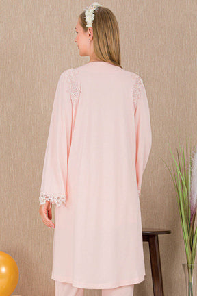 Lace Detailed 3-Piece Maternity-Nursing Pajama & Robe Set Pink - 33007