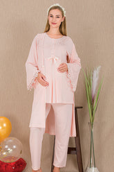 Lace Detailed 3-Piece Maternity-Nursing Pajama & Robe Set Pink - 33007