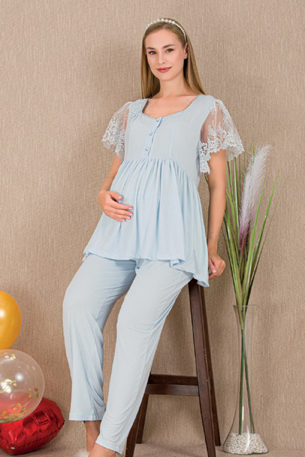 Lace Embroidered 3-Piece Maternity-Nursing Pajama & Robe Set Blue - 33008
