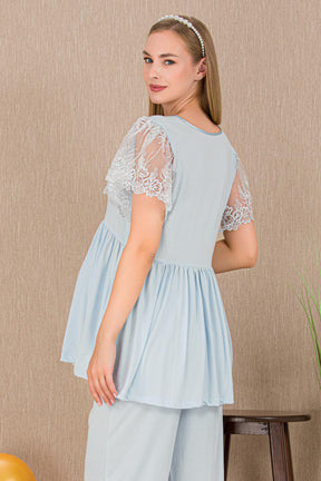 Lace Embroidered Maternity & Nursing Pajama Set Blue - 33210
