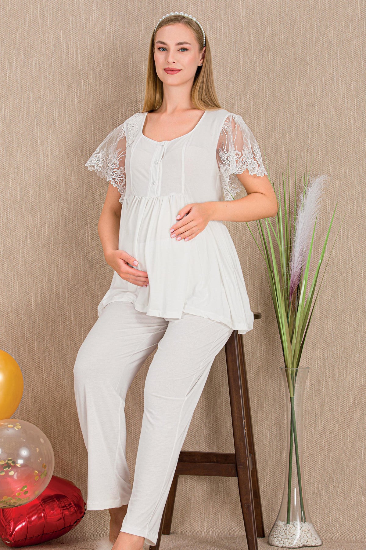 Lace Embroidered Maternity & Nursing Pajama Set Ecru - 33210