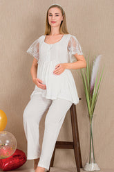 Lace Embroidered Maternity & Nursing Pajama Set Ecru - 33210