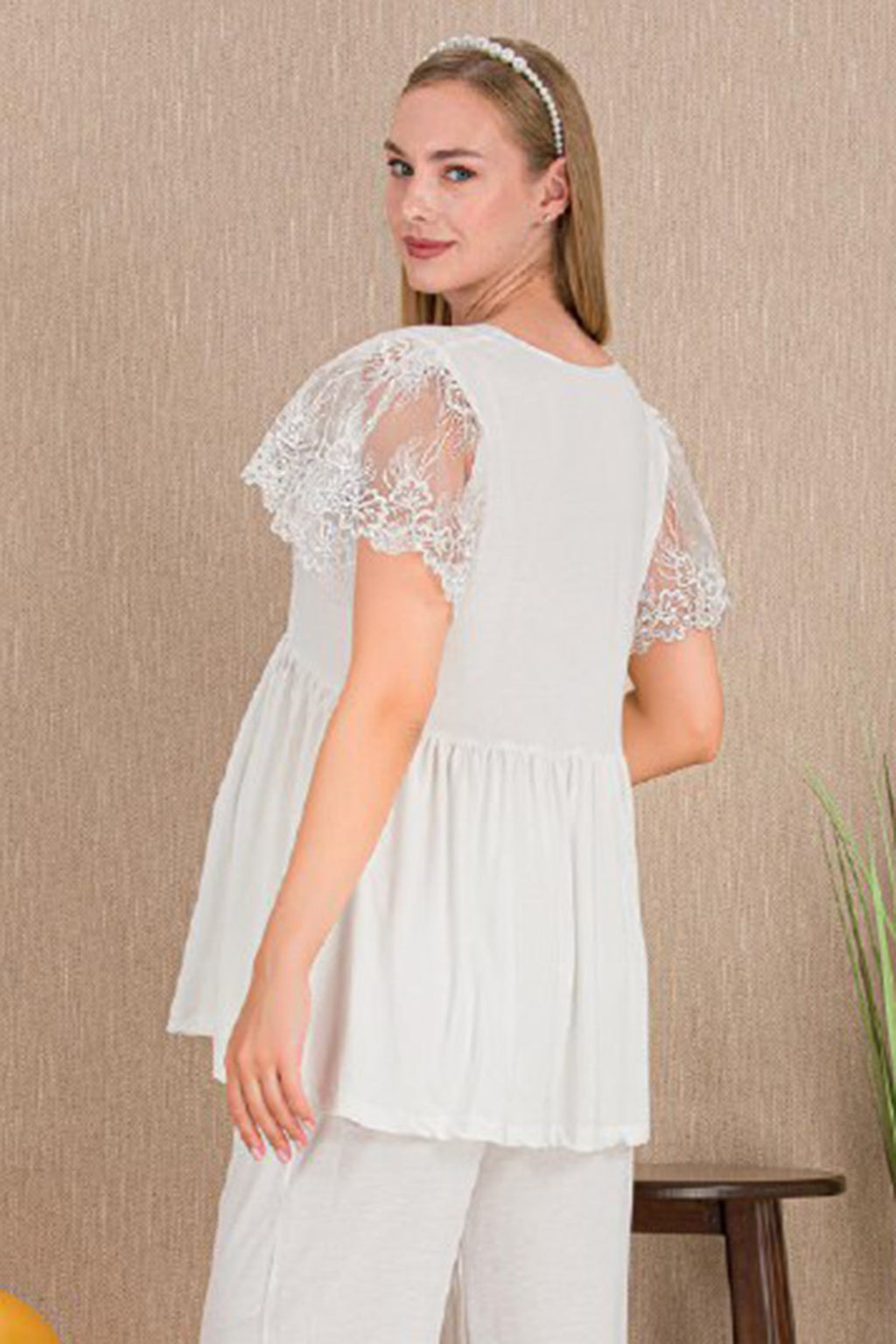 Lace Embroidered 3-Piece Maternity-Nursing Pajama & Robe Set Ecru - 33008