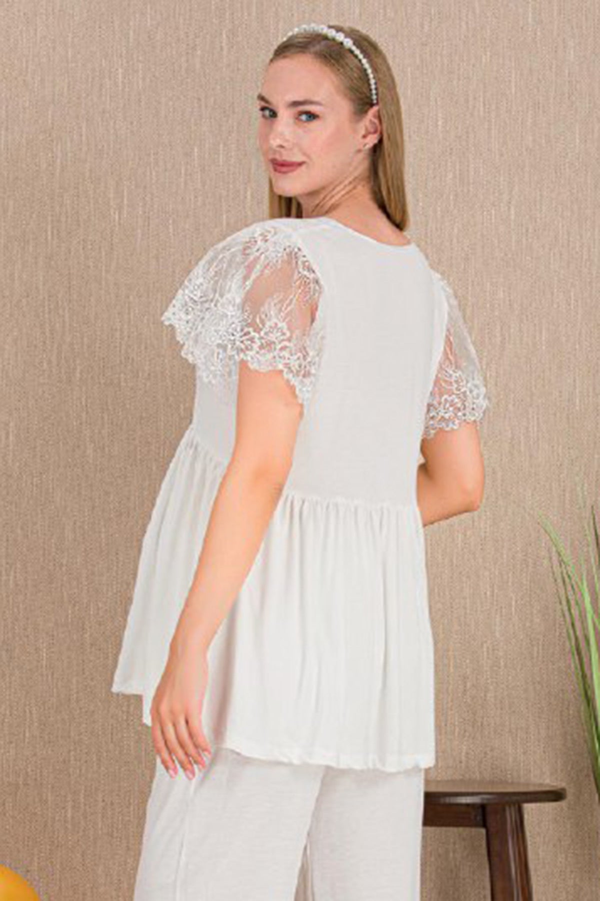 Lace Embroidered 3-Piece Maternity-Nursing Pajama & Robe Set Ecru - 33008