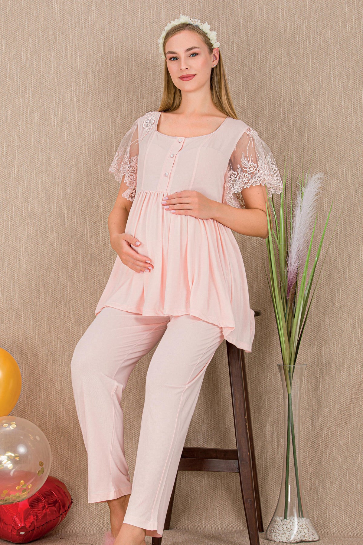 Lace Embroidered 3-Piece Maternity-Nursing Pajama & Robe Set Pink - 33008