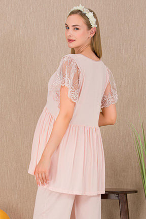 Lace Embroidered 3-Piece Maternity-Nursing Pajama & Robe Set Pink - 33008