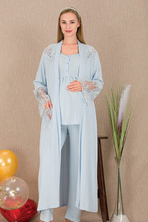 Lace Embroidered 3-Piece Maternity-Nursing Pajama & Robe Set Blue - 33008