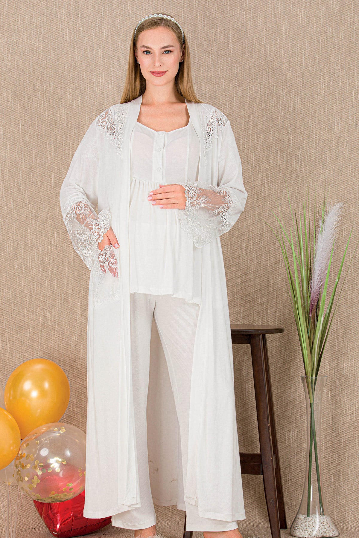 Lace Embroidered 3-Piece Maternity-Nursing Pajama & Robe Set Ecru - 33008