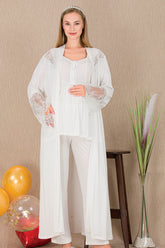 Lace Embroidered 3-Piece Maternity-Nursing Pajama & Robe Set Ecru - 33008
