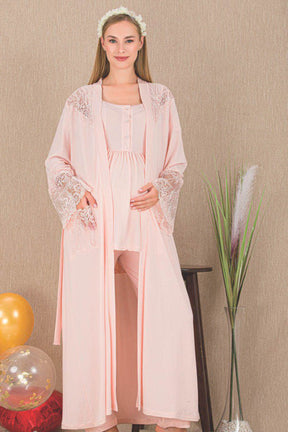 Lace Embroidered 3-Piece Maternity-Nursing Pajama & Robe Set Pink - 33008