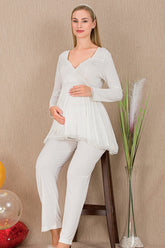 Lacy Double Breasted Maternity & Nursing Pajama Set Ecru - 33212