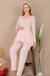 Lacy Double Breasted Maternity & Nursing Pajama Set Pink - 33212