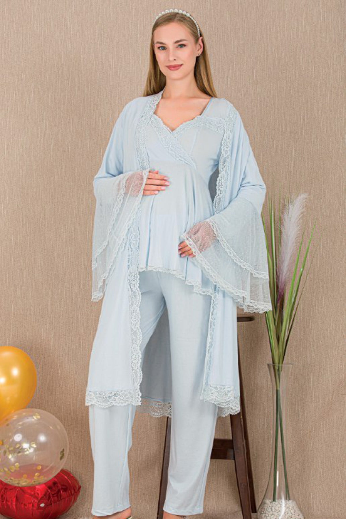 Lacy Double Breasted 3-Piece Maternity-Nursing Pajama & Flywheel Arm Robe Set Blue - 33009